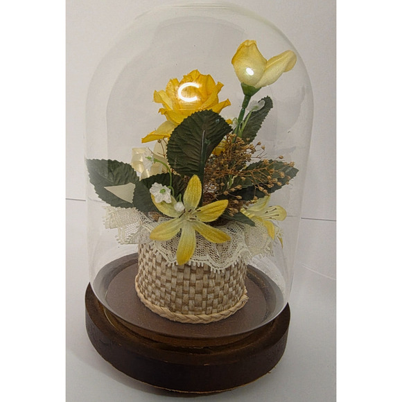 Unbranded Other - Vintage Style Glass Dome Floral Arrangement Yellow Flowers Wood Base Decor